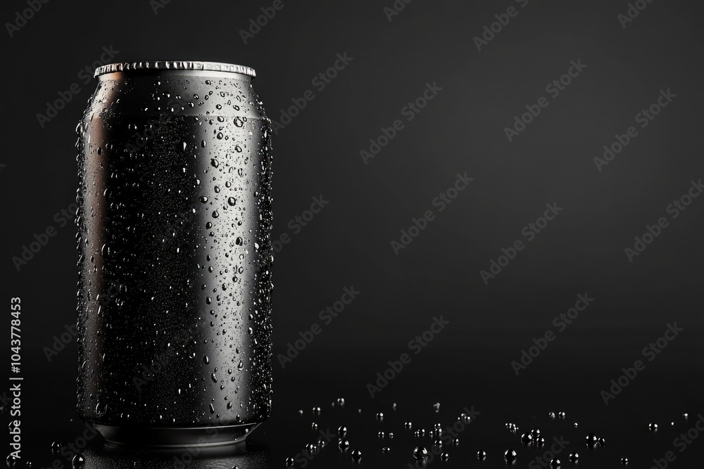 Cold Beer in Black Aluminum Can with Refreshing Drops on Dark Background Cold Beer in Black Aluminum Can with Refreshing Drops on Dark Background