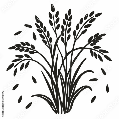 Black Silhouette of a Rice Plant with Sheaves and Grains Vector Illustration