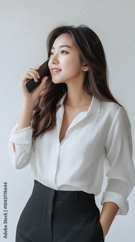 An asian woman talking on the phone. Half-body portrait photography, happy, wearing business attire, side view, against a white background An asian woman talking on the phone. Half-body portrait photography, happy, wearing business attire, side view, against a white background