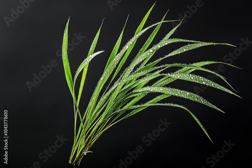 Cymbopogon Nardus: Close-up of Wild Herb Grass with Dew Drops on Black Background After Rain photo