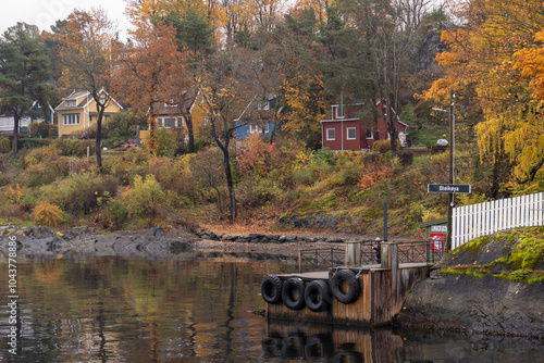 Oslo, Norway - October 20, 2024: Oslofjord (Oslofjorden), view of summer houses and cottages. Frame houses for recreation. Hut among the forest and rocks. Multicolored private houses. photo