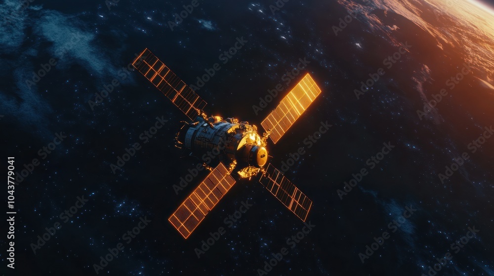 A satellite in orbit around Earth, equipped with solar panels for energy. A satellite in orbit around Earth, equipped with solar panels for energy.