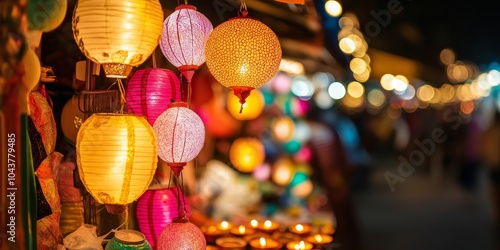 Vibrant marketplace stall showcasing colorful diwali lanterns and diyas in a lively atmosphere, Indian festival, banner