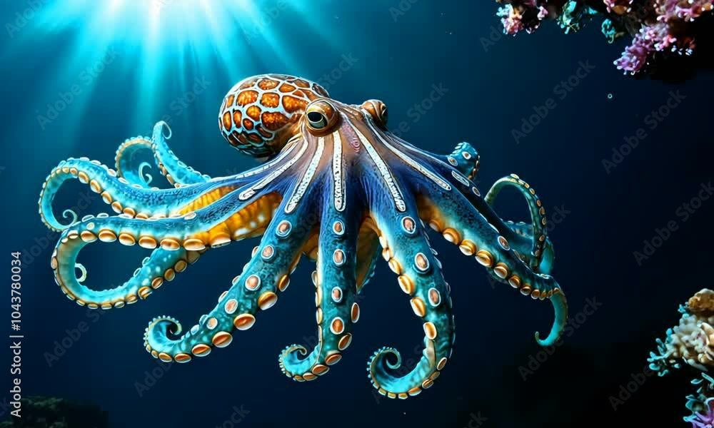 A vibrant octopus with extended tentacles in the deep ocean, colorful ...