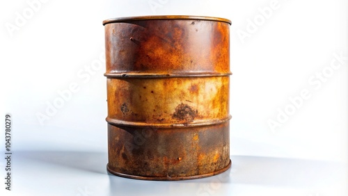 Rusty dangerous barrel with fuel or crude oil on isolated background