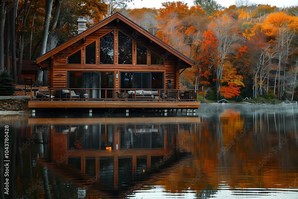 Fototapeta premium A stylish lakeside cabin with wooden exterior large deck and panoramic windows Reflecting the tranquil waters of the lake and surrounded by autumn foliage