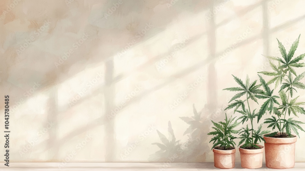 Fototapeta premium Three potted plants casting soft shadows against a light wall.