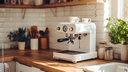 Modern Black Coffee Machine in a Stylish Kitchen with Cup - Sleek Home Appliance Closeup