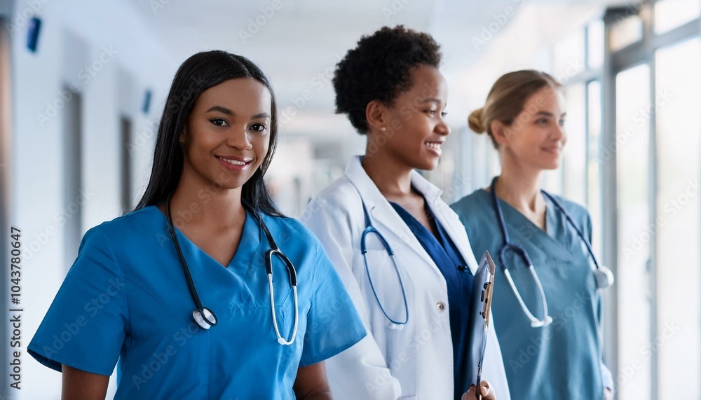 Multiracial Medical Team Walking In Row Multiracial Medical Team Walking In Row