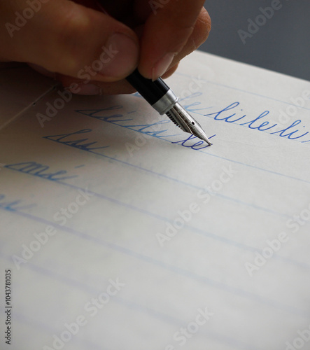 Detail of a child's left hand writing the syllables li and le with a fountain pen in a copybook. Concept for writing with the left hand. Back to school concept. Retro school writing in cursive.