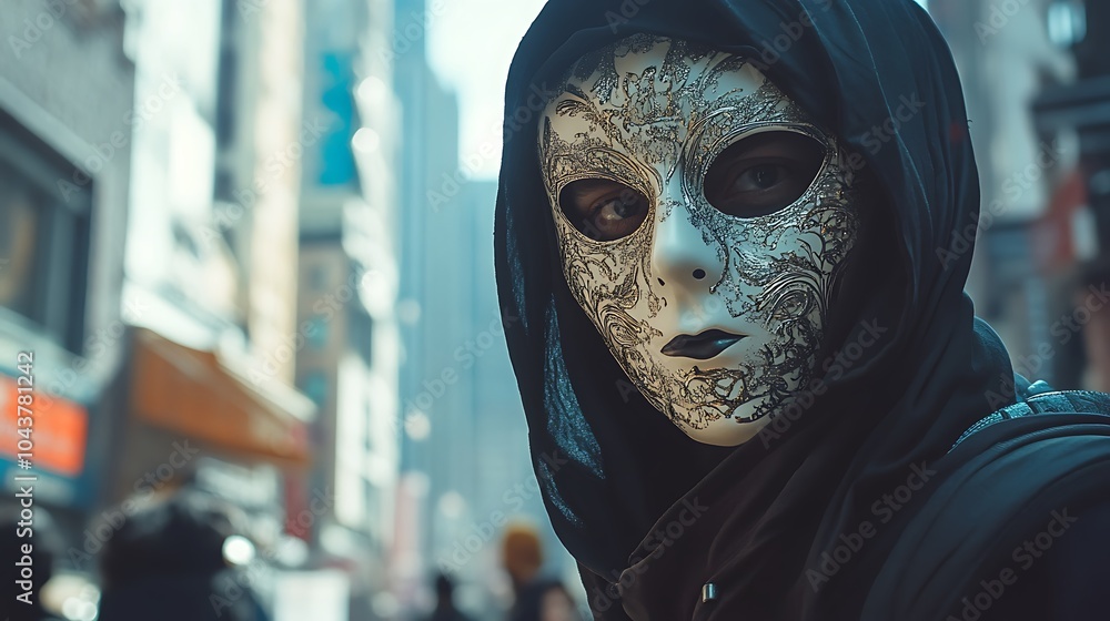 A person wearing a white and gold mask with intricate details, standing in a city setting, the background is out of focus. A person wearing a white and gold mask with intricate details, standing in a city setting, the background is out of focus.