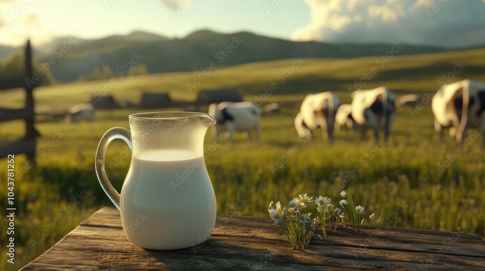 Rustic Farm Life: Fresh Milk in Pitcher on Wooden Table Surrounded by Cows Rustic Farm Life: Fresh Milk in Pitcher on Wooden Table Surrounded by Cows