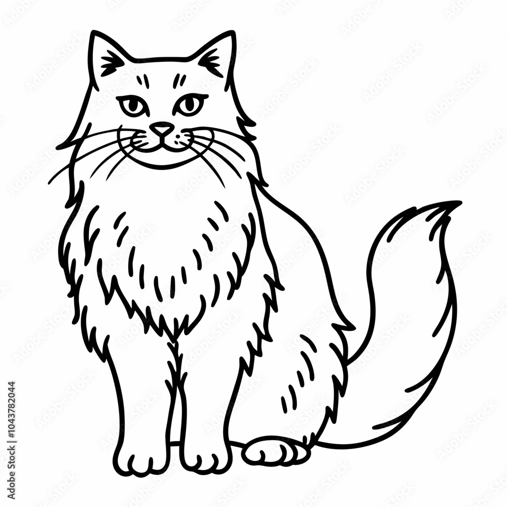 Obraz premium Fluffy Cat Line Art Illustration in Black and White for Coloring and Design Projects