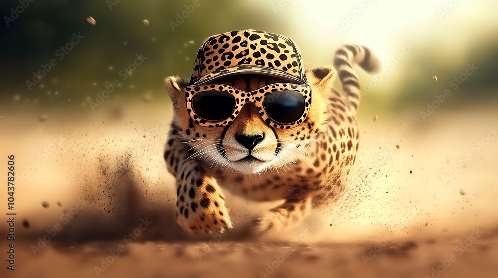 Cheetah Cub Running Fast Wearing Sunglasses and a Cap. Cheetah Cub Running Fast Wearing Sunglasses and a Cap.