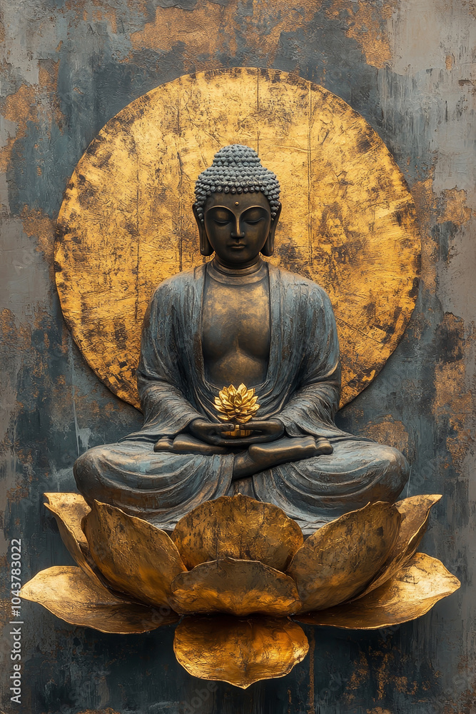 custom made wallpaper toronto digitala statue of buddha seating on a gold lotus flower with grunge wall background