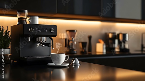 Modern Black Coffee Machine in a Stylish Kitchen with Cup - Sleek Home Appliance Closeup