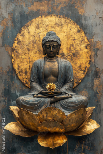 a statue of buddha seating on a gold lotus flower with grunge wall background