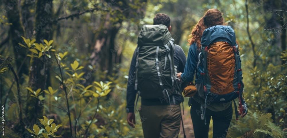 A pair of adventurers clad in sy hiking gear trek through a dense forest backs to the camera as they navigate the wild and unpredictable . . A pair of adventurers clad in sy hiking gear trek through a dense forest backs to the camera as they navigate the wild and unpredictable . .