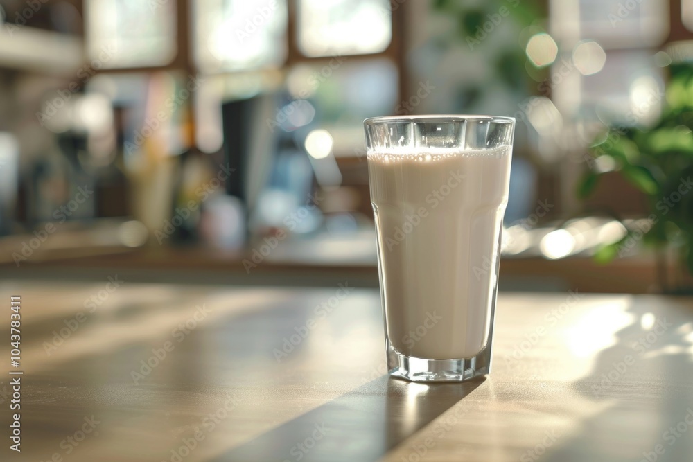 Milk in a glass, on a wooden table, carafe with milk in the background Milk in a glass, on a wooden table, carafe with milk in the background