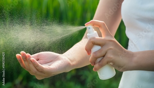 Woman Spraying Anti Insect Deet Spray On Her Hand photo