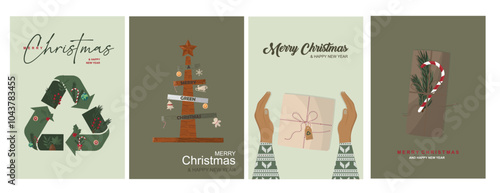 Set of sustainable christmas poster A4. Eco Green Christmas Cards Collection Sustainable Holiday Designs. Eco-friendly christmas. Vector illustration. Sustainable holiday collection. 
