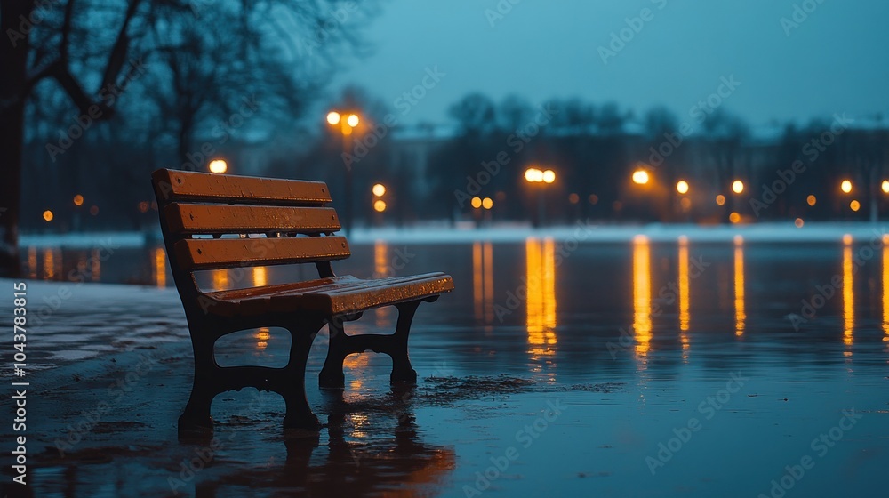 A lonely bench by a tranquil, illuminated water scene. A lonely bench by a tranquil, illuminated water scene.