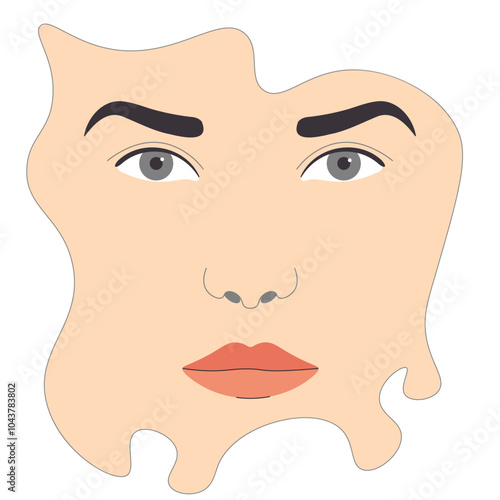 Drawing female face with gray eyes and red lips, abstract vorma face, vector isolated illustration on white background