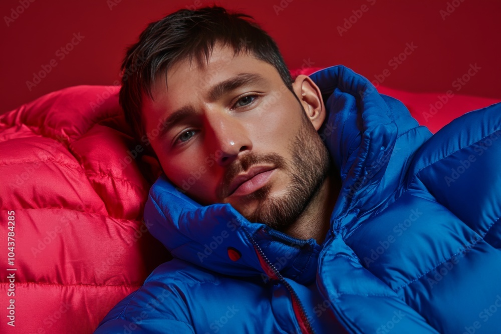Close up portrait of a young man in a blue puffer jacket leaning against a vibrant red backdrop showcasing casual winter street style and bold color contrasts in an urban setting Close up portrait of a young man in a blue puffer jacket leaning against a vibrant red backdrop showcasing casual winter street style and bold color contrasts in an urban setting