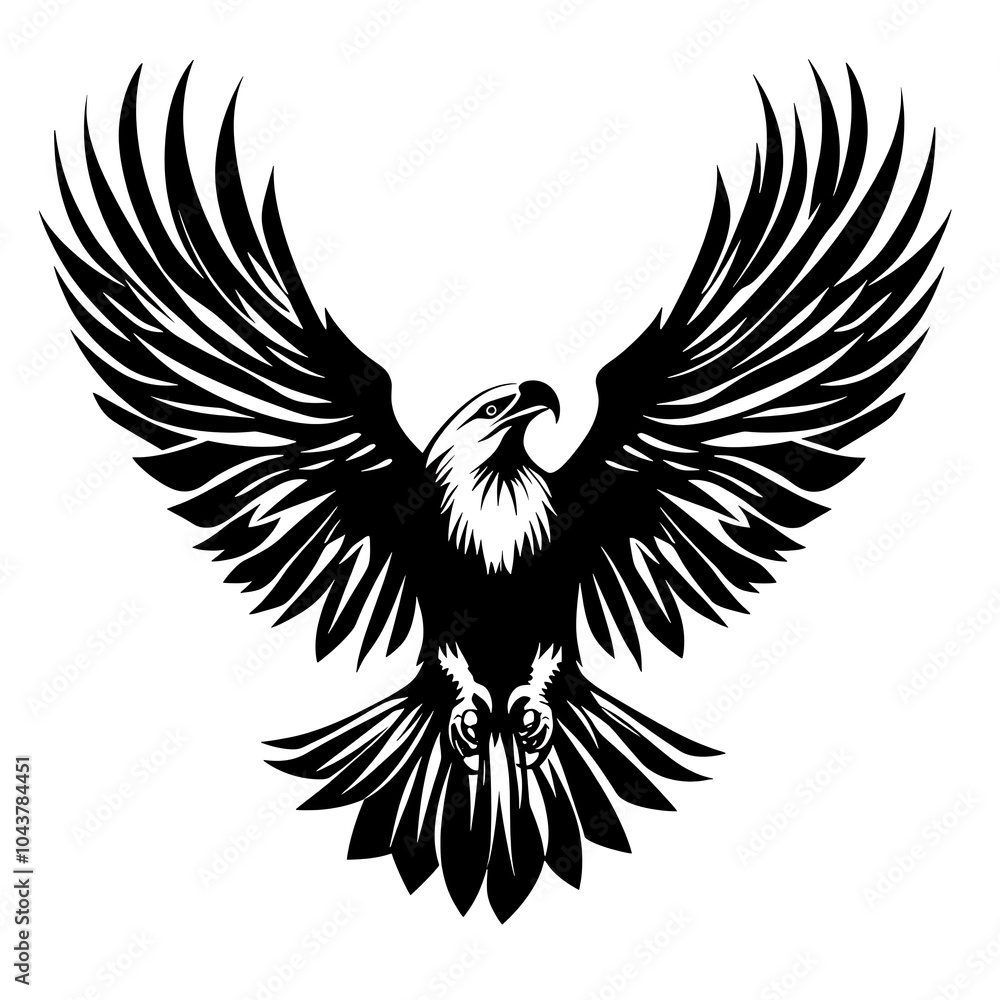 Obraz premium Black and white illustration of an eagle with its wings spread.
