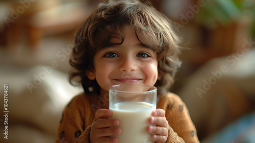 a cute little indian boy holding a glass of milk
