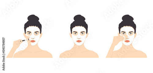 Facial care in three stages, a woman with tied hair applies a mask with a bone on her face, leaves it for a while and washes it off with a cotton pad.