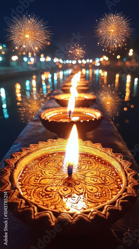 glowing oil lamps and fireworks in the sky at night