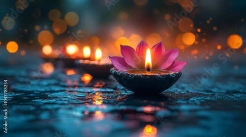 closeup of glowing oil lamps with lotus flowers and bokeh background