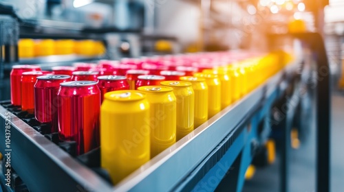 A production line featuring colorful beverage cans in an industrial setting.