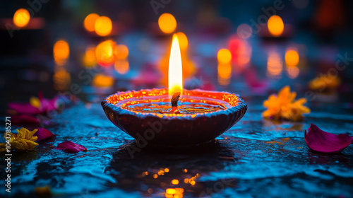 closeup of glowing oil lamps with bokeh background