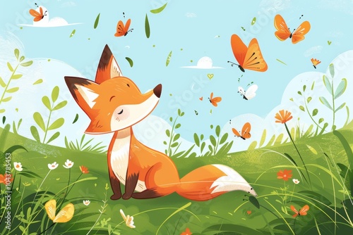 Whimsical fox in sunny meadow with butterflies