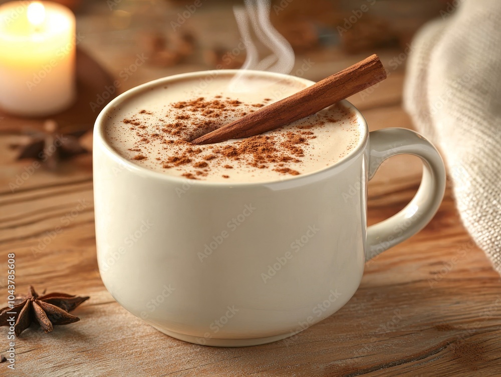 Steamy White Mug with Creamy Beverage on Wooden Table - Cozy Winter Hot Drink Concept Steamy White Mug with Creamy Beverage on Wooden Table - Cozy Winter Hot Drink Concept