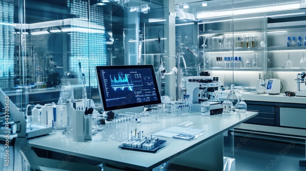 Modern laboratory with advanced equipment and data analysis displays. Modern laboratory with advanced equipment and data analysis displays.