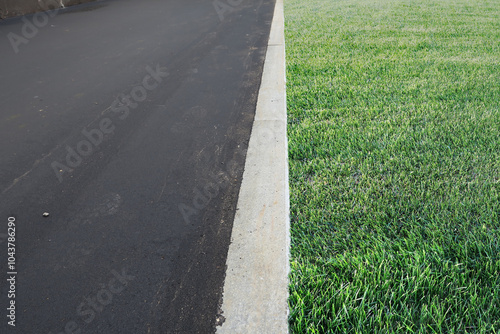 aying of sidewalks with new asphalt. Curbs enclosing the lawn, grass