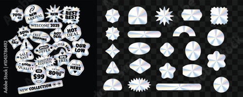 Holographic stickers. Hologram labels of different shapes. Sticker shapes for design mockups. Holographic textured stickers for preview tags, labels. For Marketplace Shop Sticker.