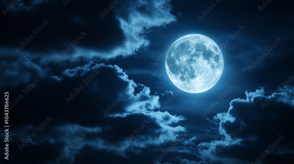 A luminous full moon glowing brightly in a deep blue night sky, with scattered clouds creating a serene, mystical atmosphere.. A luminous full moon glowing brightly in a deep blue night sky, with scattered clouds creating a serene, mystical atmosphere..