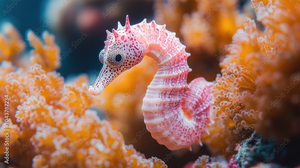 A seahorse among vibrant coral in an underwater scene. A seahorse among vibrant coral in an underwater scene.