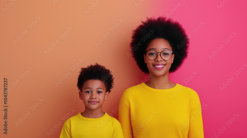Fototapeta premium Mother and son smiling against colorful background in yellow outfits