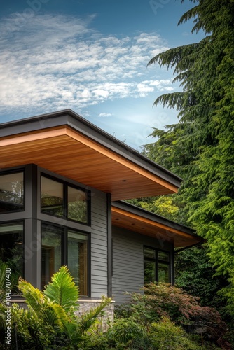 Wallpaper Mural Luxurious Modern House Corner with Evergreen Tree in Serene Garden Setting - Architectural Elegance and Natural Harmony Torontodigital.ca