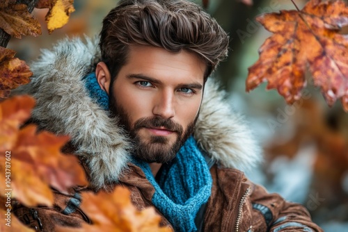 Handsome man with a rugged beard and wavy hair poses against an autumnal backdrop of colorful leaves wearing a fur lined jacket and blue scarf embodying warm fall fashion photo