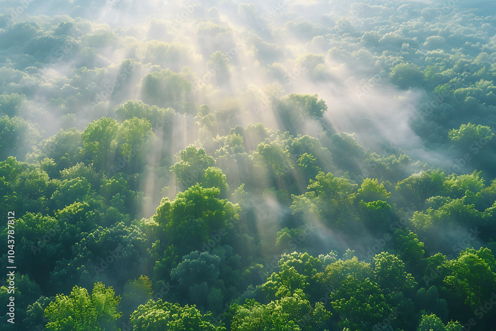 Aerial view of the misty sunrise in the forest, with sun rays breaking through the clouds and mountains in the background, creating a fantasy landscape. Ai generative Aerial view of the misty sunrise in the forest, with sun rays breaking through the clouds and mountains in the background, creating a fantasy landscape. Ai generative