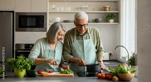 Senior Couple Cooking Together in a Modern Kitchen