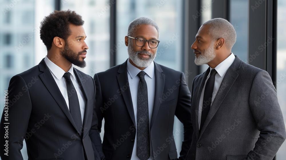 A close-up image of three executives in tailored business suits, having an important business meeting in a modern skyscraper. Their serious conversation takes place near a glass wi