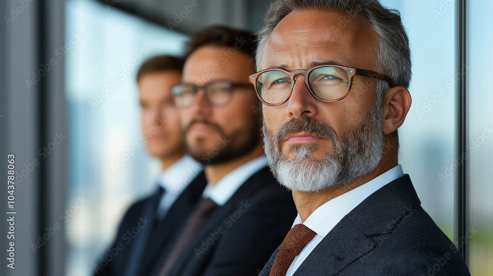 A close-up image of three executives in tailored business suits, having an important business meeting in a modern skyscraper. Their serious conversation takes place near a glass wi A close-up image of three executives in tailored business suits, having an important business meeting in a modern skyscraper. Their serious conversation takes place near a glass wi