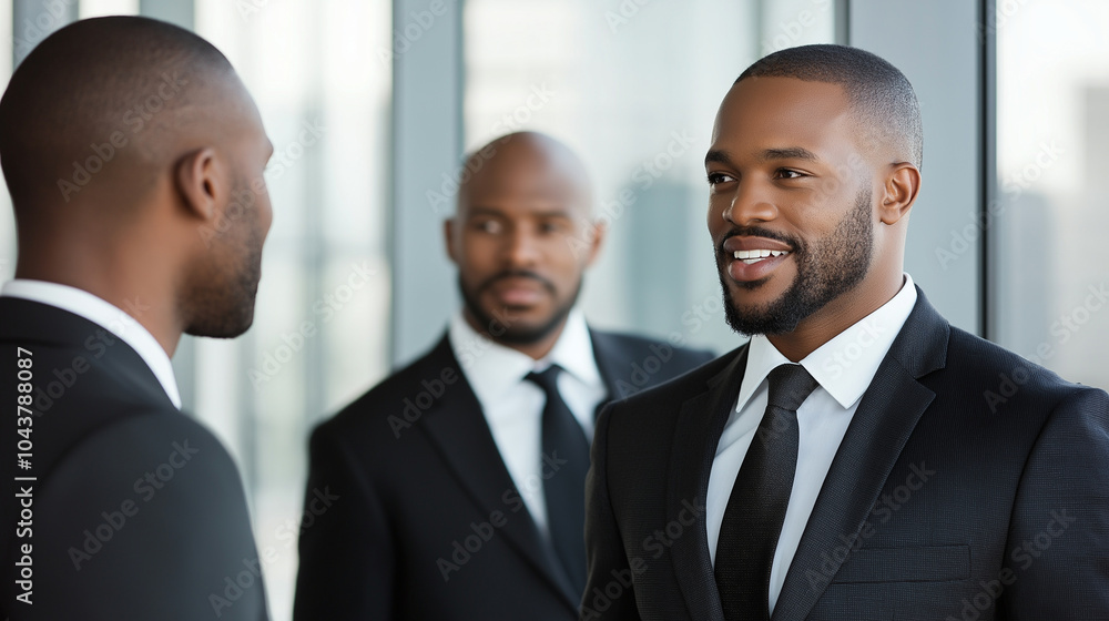 A close-up image of three executives in tailored business suits, having an important business meeting in a modern skyscraper. Their serious conversation takes place near a glass wi A close-up image of three executives in tailored business suits, having an important business meeting in a modern skyscraper. Their serious conversation takes place near a glass wi